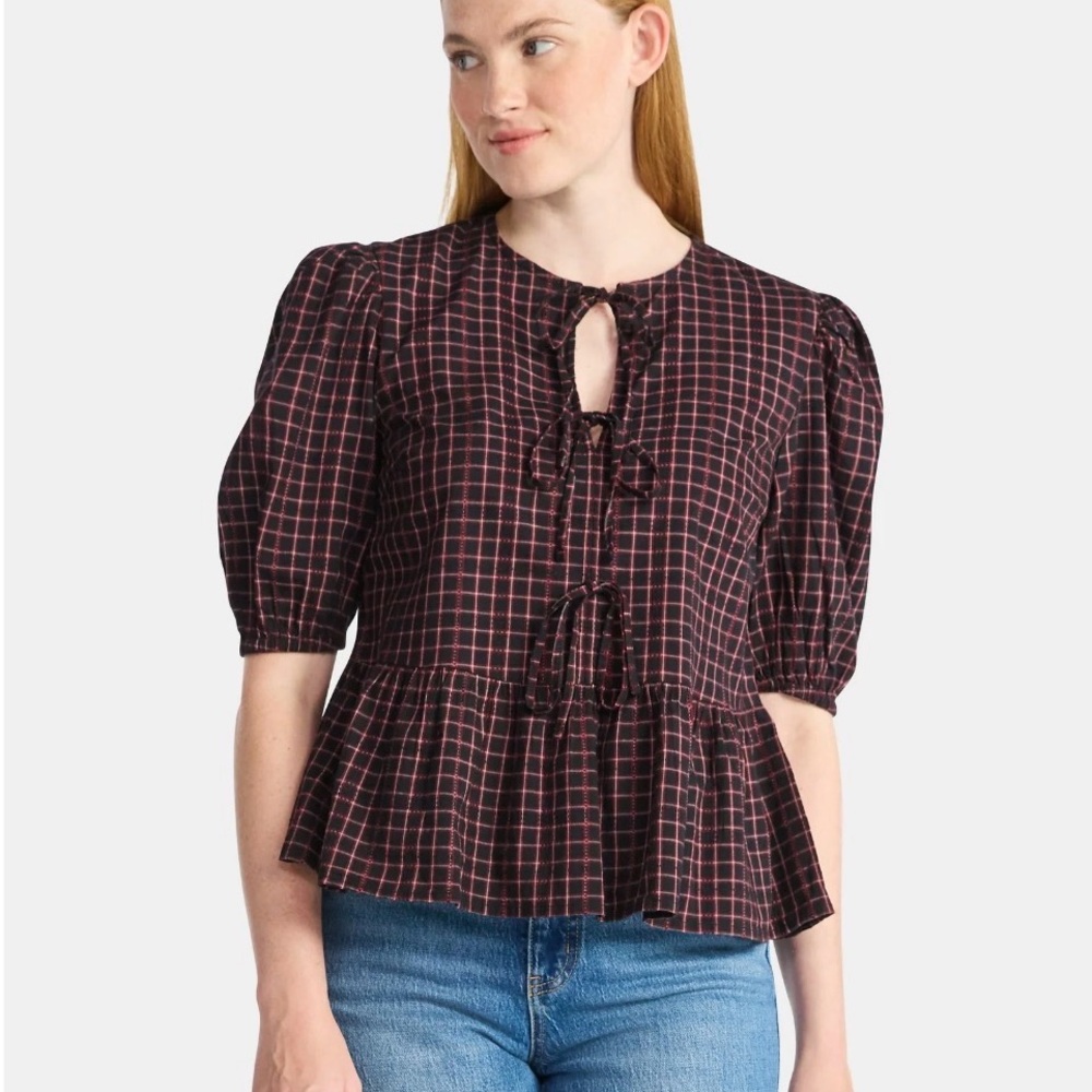 Time and Tru Black and Red Checkered Peplum Blouse NWT Size Large